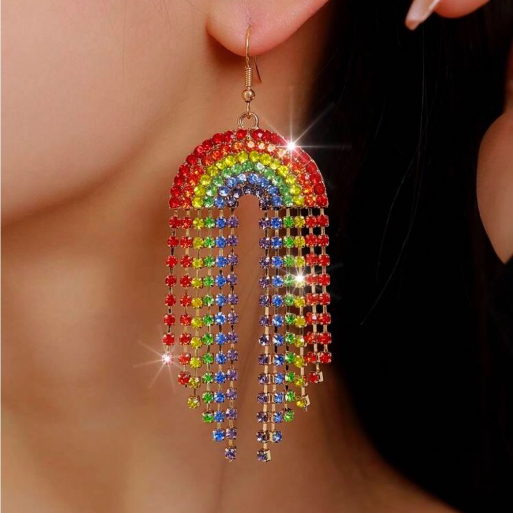 Rainbow Earrings, Rhinestone Rainbow Earrings